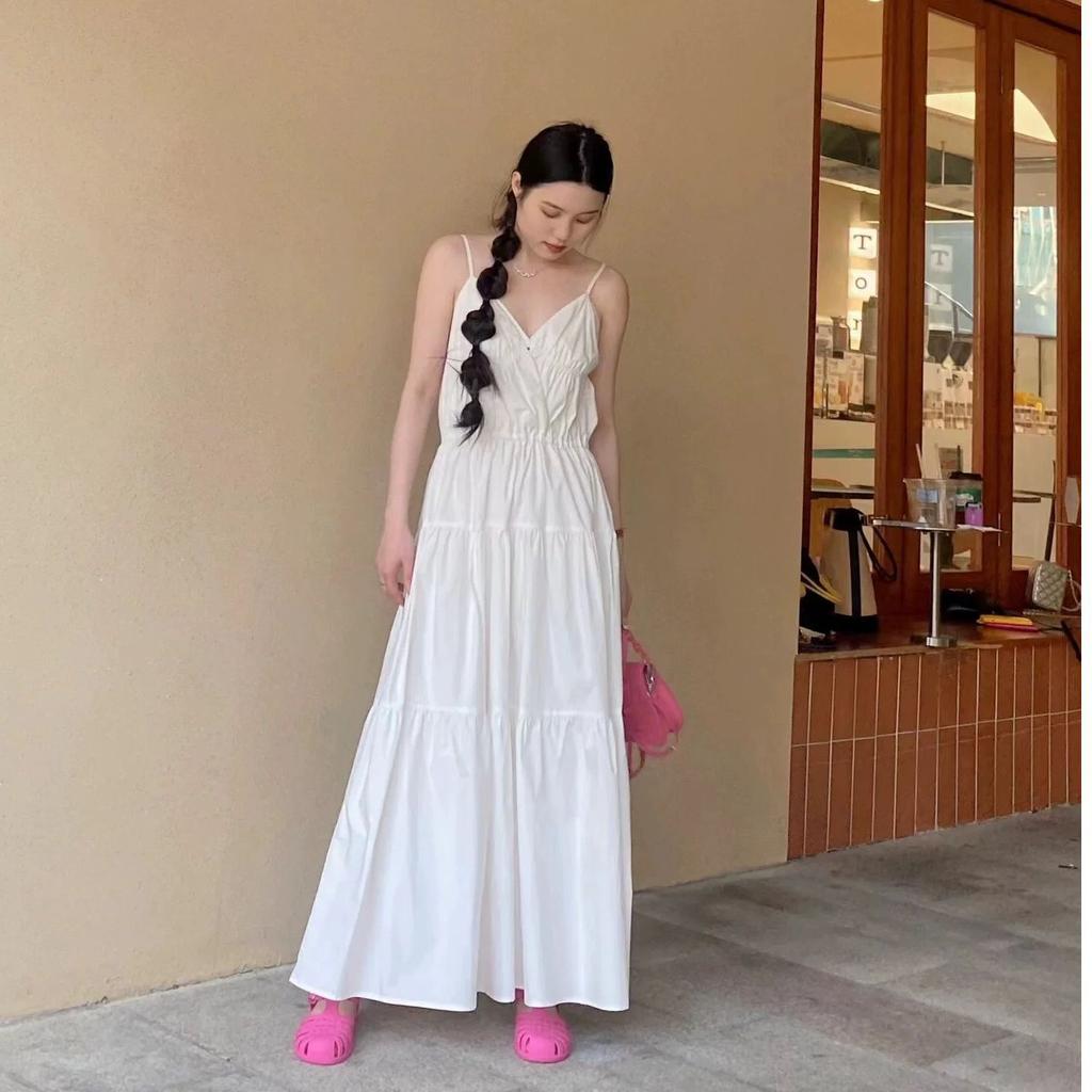 French Coffee Break Holiday Style Halter Suspender Dress Women's Summer New White Temperament Niche Long Dress
