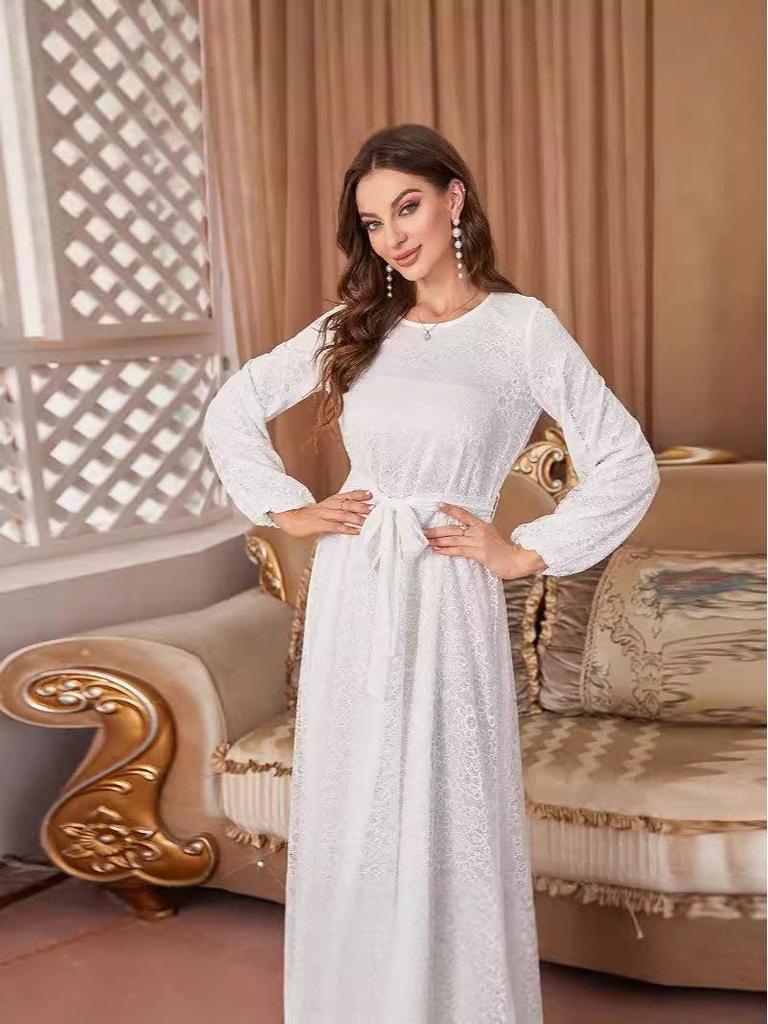 European and American Autumn/Winter Women's Round Neck Lace Tie Long Sleeve Slimming Evening Dress