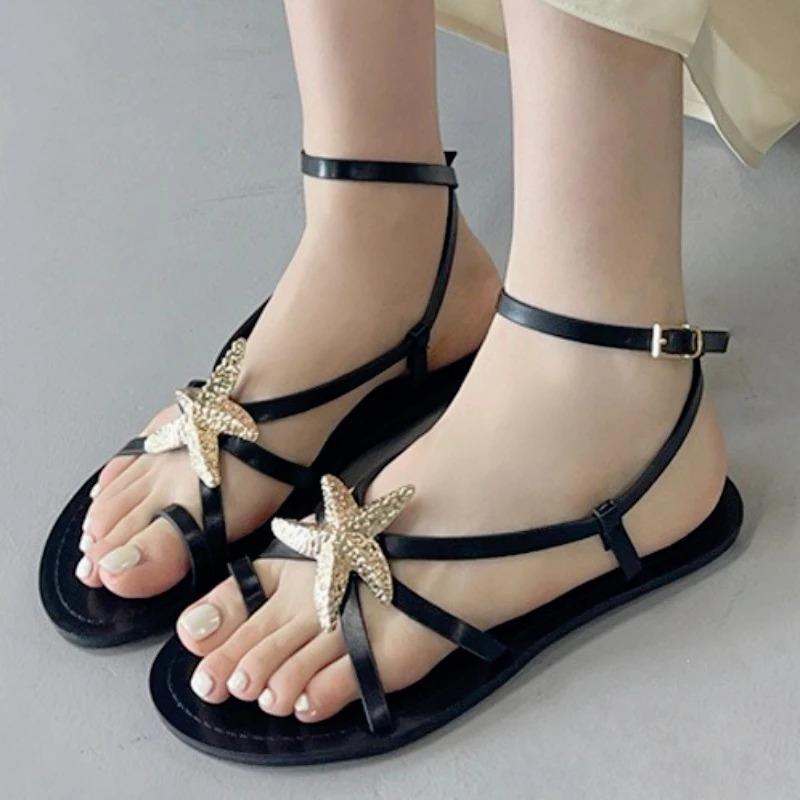 Fashion Fashion Gold Star Decoration Design Flat Sandals Women Black Narrow Band Buckle Roman Shoes Sexy Clip Toe Flip Flops Sandalias