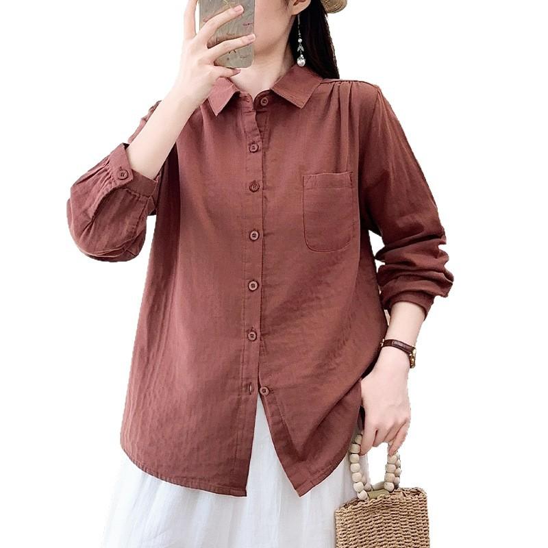 Literary and casual style double-layer cotton yarn pure cotton shirt spring and autumn new Japanese simple retro versatile long-sleeved shirt women