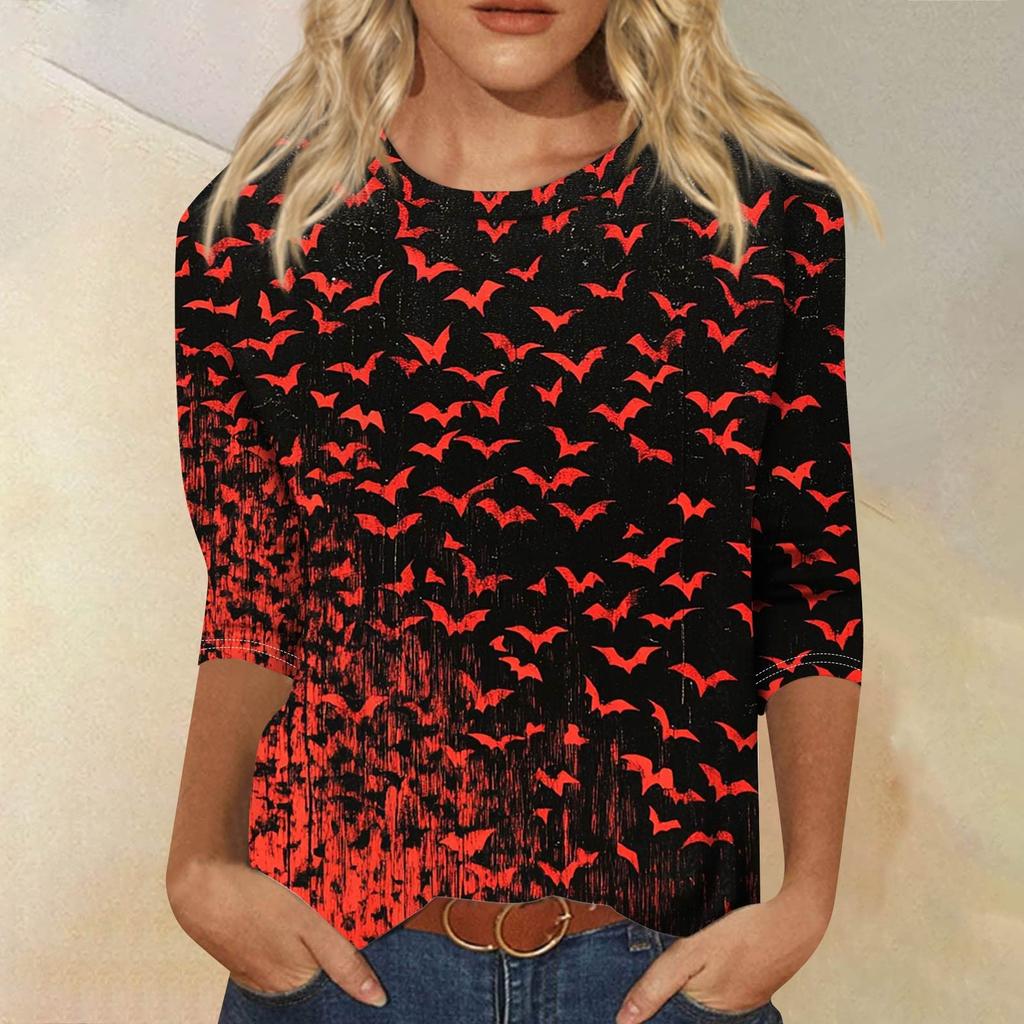 Women's Fashion Casual Round Neck 3/4 Sleeve Loose Printed T-Shirt Ladies Top