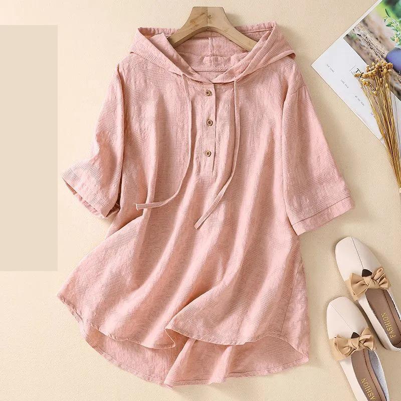 Women's Loose Plus Size Summer Hooded Embroidery Short-sleeved Blouse Literary Ethnic Wind Casual Loose T-shirt
