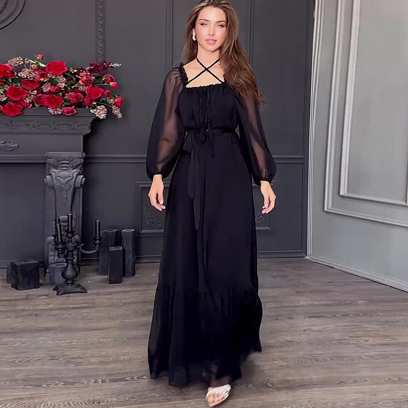 

Летнее европейско-американское женское платье с квадратным вырезом из сетки в стиле Хепберн L чёрный