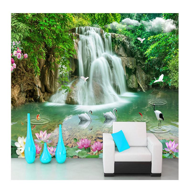 Mural Waterfall River White Swan Wallpaper Green Tree Nature Wallpaper Pastoral Landscape 3D Mural For Walls