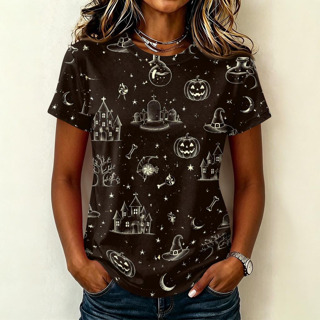 Ladies Casual Pullover Short Sleeve T Shirt Halloween Print Crew Neck Top Halloween Themed Graphic Tee for Women