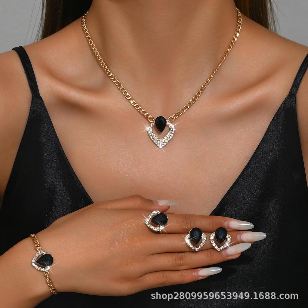 A Set of 5 New Trendy Cuban Chains, Black Water Droplets, Crystal Necklaces, Bracelets, Rings, Earrings, and Alloy Beads.