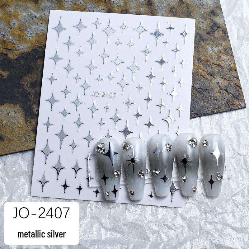 3D Silver Metal Nail Stickers: Heart, Starburst, Moon, Cross Cutout Decals