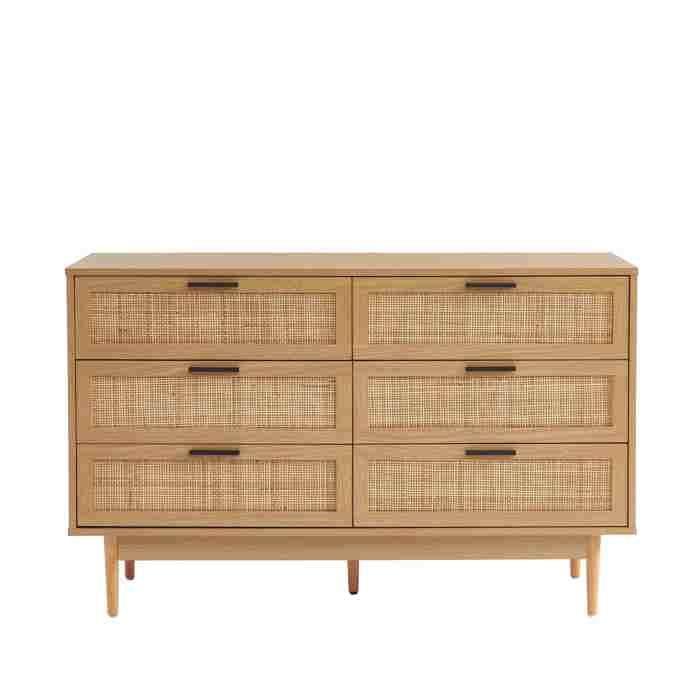 Commode AMANA effet chêne et cannage rotin 6 tiroirs - Bois