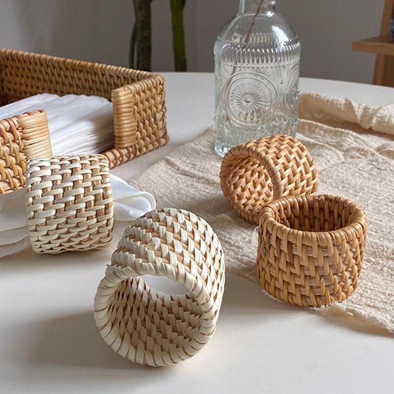 6 Type Woven Handmade Napkin Ring Woven Rustic Natural Napkin Ring Holder Table Decor Wooden Easter Rattan Napkin Ring Buckle