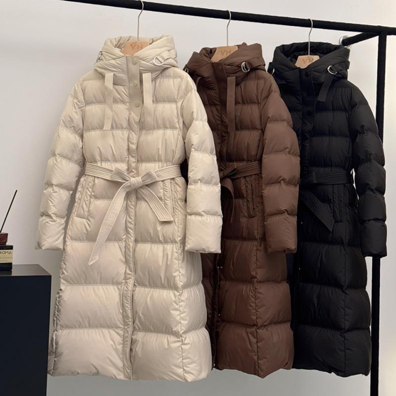 Winter 2024 Women's Long Over-the-Knee Slim Fit Down Jacket with Belted Waist - European Trend