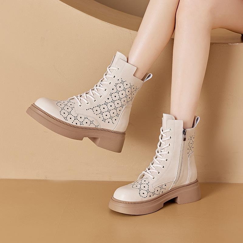 Frühlingsneue kleine hohle Martin-Stiefel für Damen, dicksohlige, innen höhenvergrößernde Damenlederstiefel, lässige Schnürschuhe für Damen