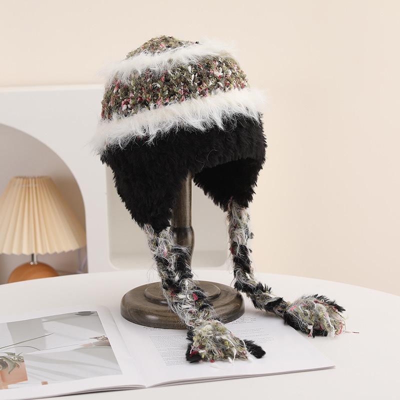 Striped Splicing Knitted Wool Hat for Women In Autumn and Winter Thickened Warmth and Cold Protection Ear Protection Goggles for Lei Feng Hat