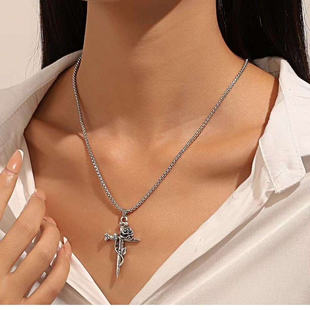 Long Stylish Chain Necklace With Unique Rose Cross Alloy Pendant For Trendsetters