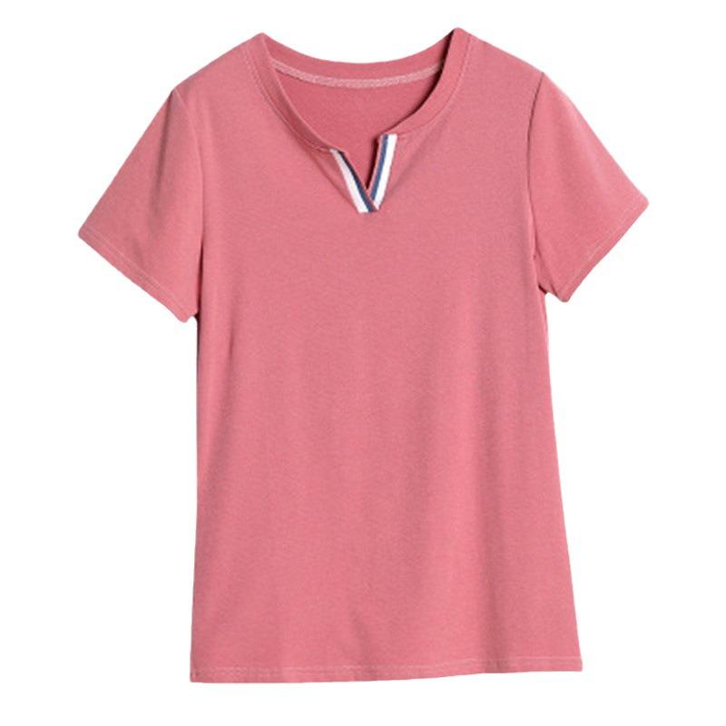 Women's V-Neck Loose Fit Summer T-Shirt - Korean Style Plus Size Solid Color Top