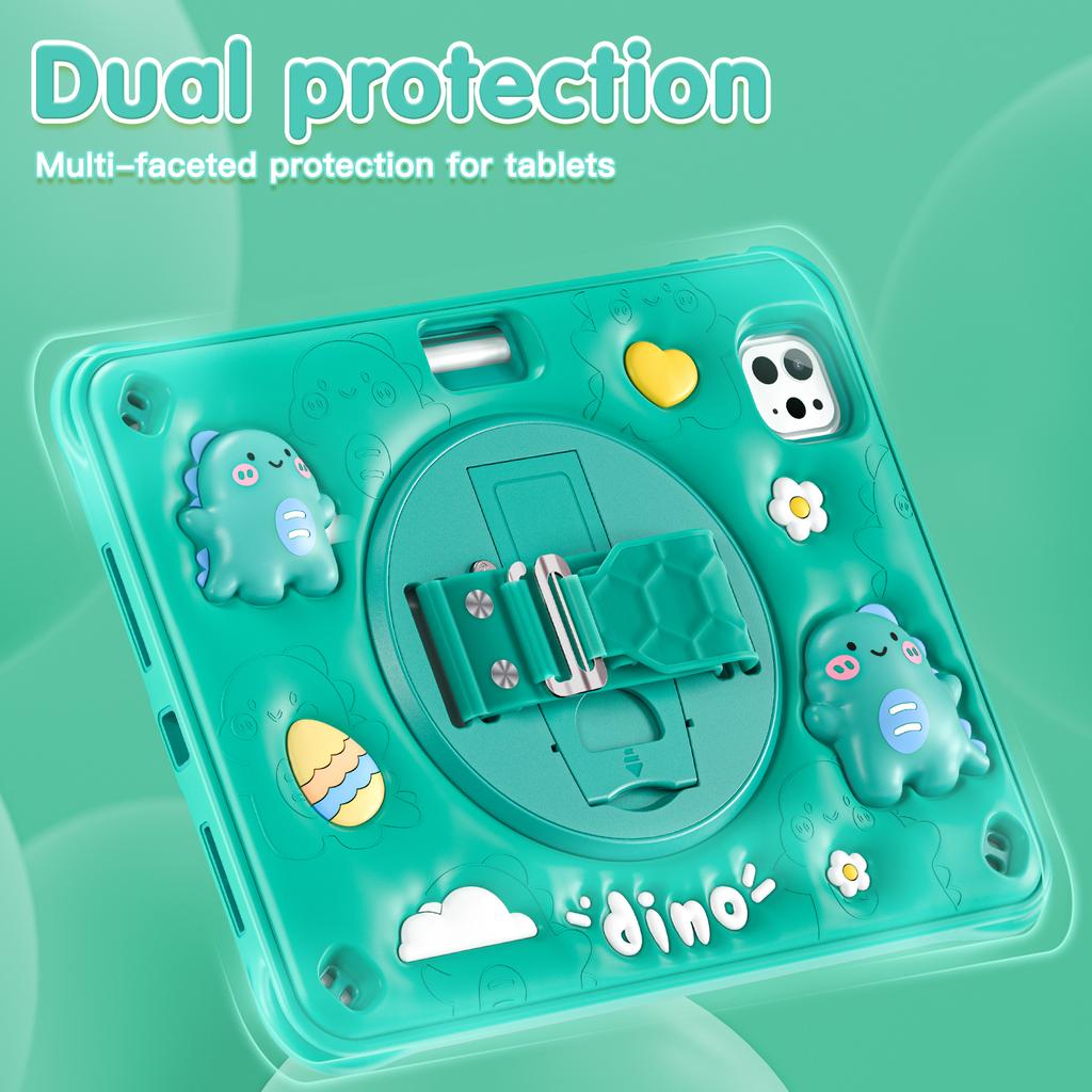 For iPad Pro 11 (2024) Case with Shoulder Strap Cartoon Dinosaur Kickstand PC+Silicone+TPU Cover