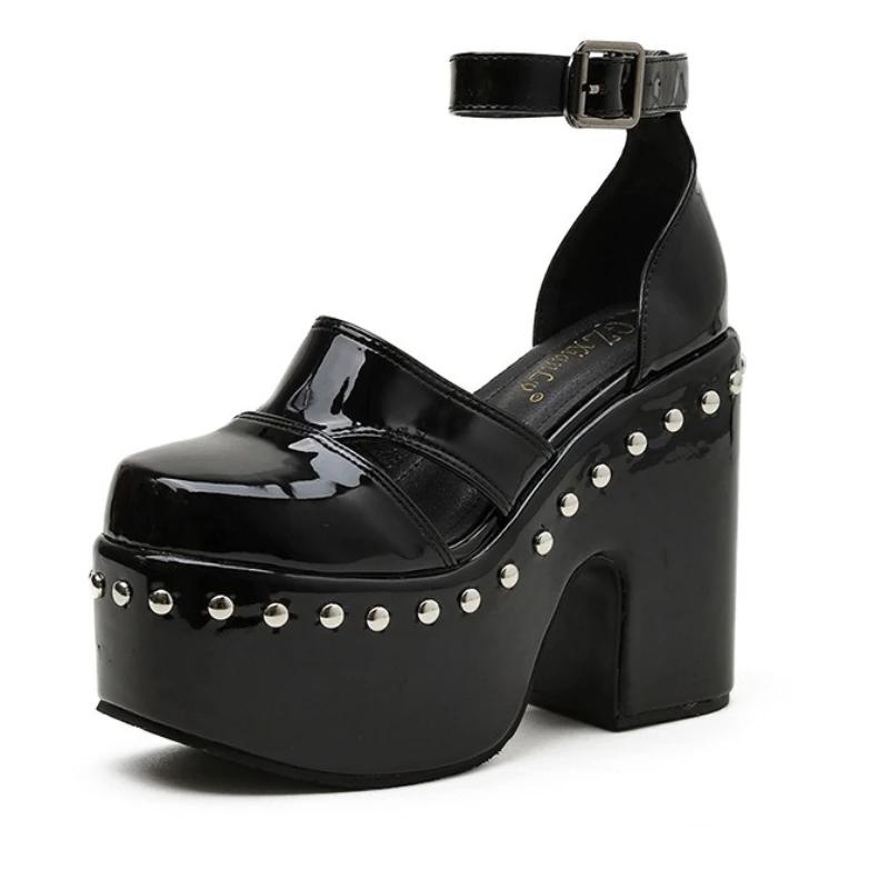 

12 Cm Super High Heel Women Sandals High Quality Patent Leather Rivets Ankle Strap Slide Sandals 43 Plus Size Party Talons Femme 43 чорний