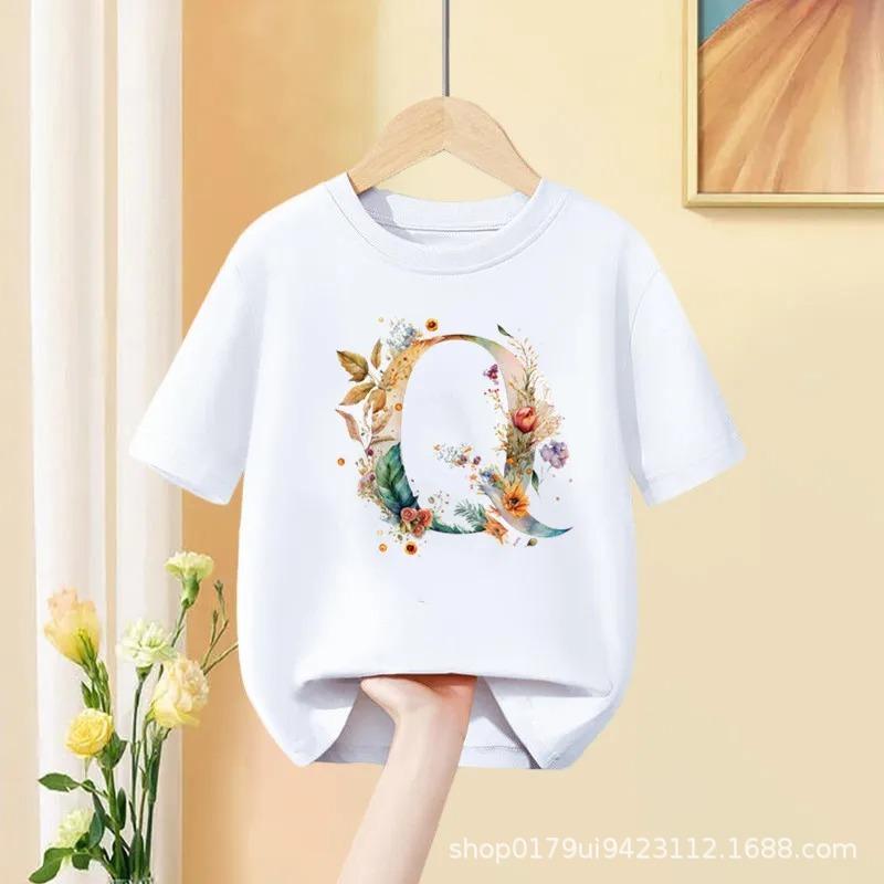 Floral AZ Kids Tshirt 26 Letters Cute ABCD Cartoon Short Sleeve Tee for Girls Summer Fashion Polyester Fabric