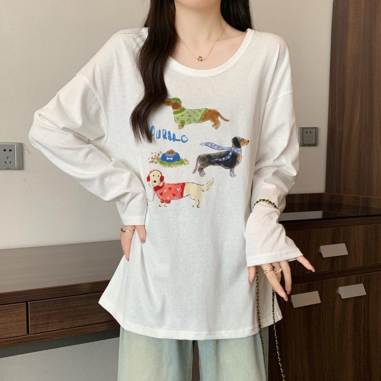 

Plus Size Women s Fashion-Forward Puppy Print Long Sleeve T-Shirt 3XL грязно-белый