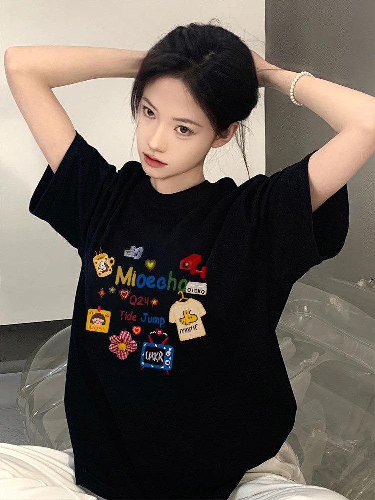 Pure cotton black short-sleeved women's t-shirt new popular summer unique design niche top loose t-shirt
