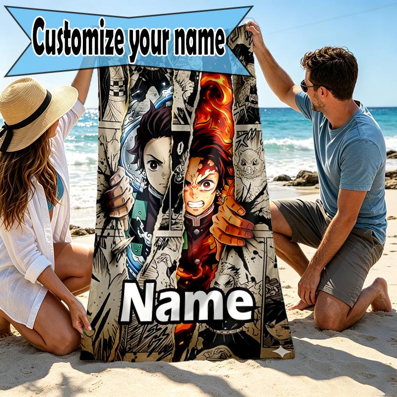 Custom Name Personalized Demon Slayer Print Beach Towel, for Trip Camping Beach Party Home Decor, Birthday Gift for Family & Friends