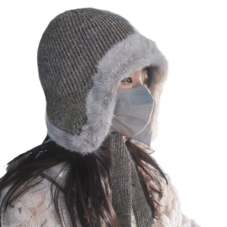 Korean Rabbit Fur Autumn and Winter Hats Women's Winter Knitted Ear Protecting Hats  Cycling Hats with Fleece  Windproof and Warm