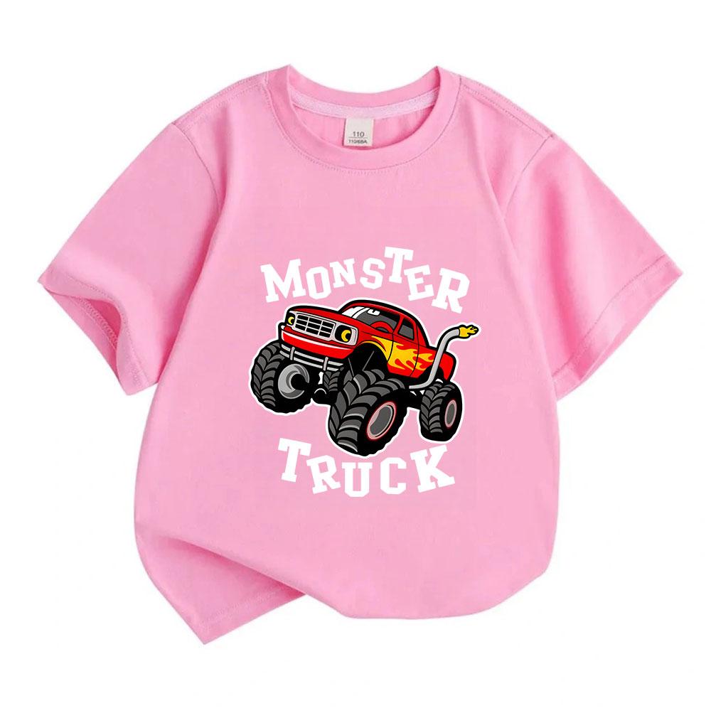 Cartoon Monster Truck Print Kids Boys Girls 100% Cotton O-neck Short Sleeve T-Shirt, Casual Lightweight Tees for Toddlers Children Daily Wear