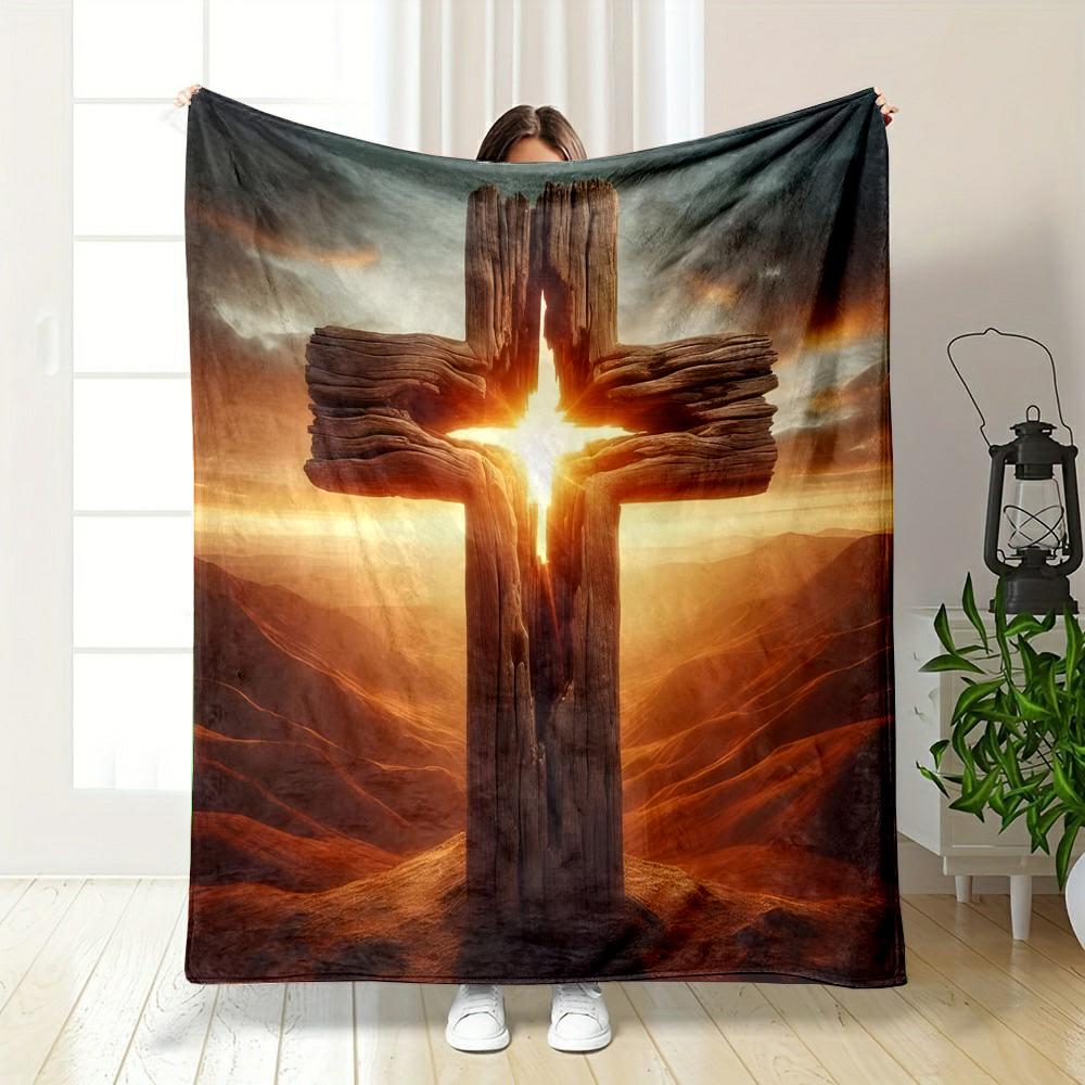Rustic Wooden Cross at Sunset Patterned flannel blanket perfect for the bedroom living room, sofa, or a little nap