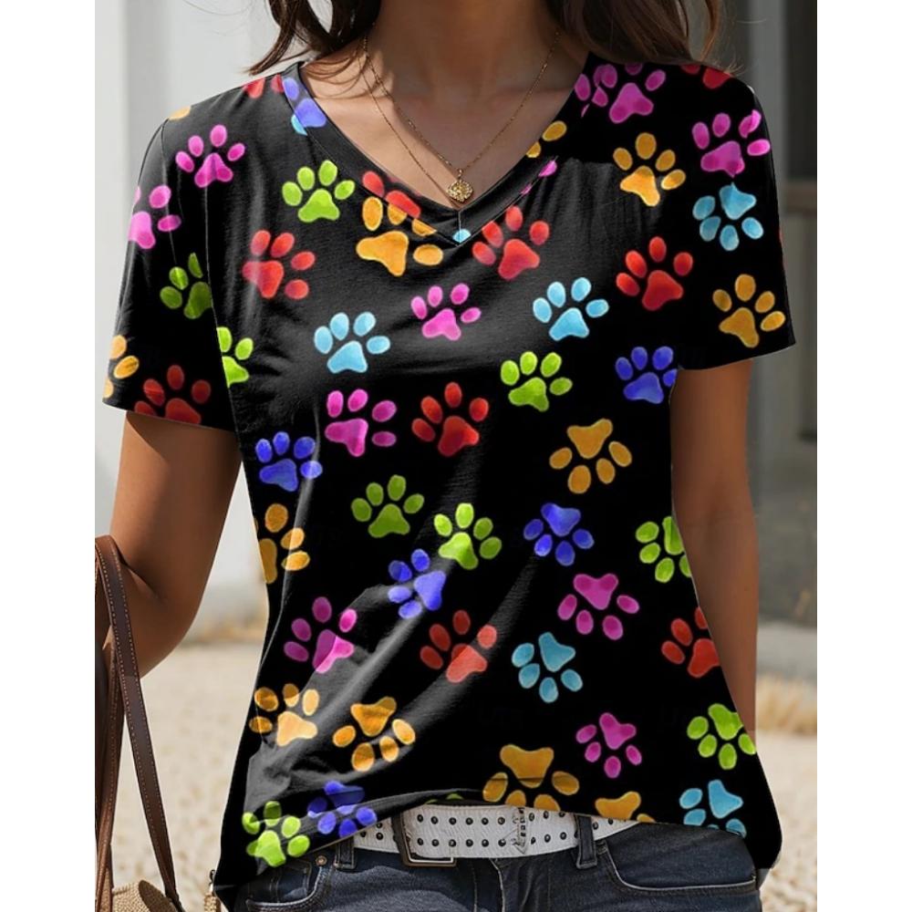 Cat Women's V-neck T-shirt Summer Outdoor Casual Short Sleeve Tops 3D Cute Cat Hand Printed OverSize Women's Clothing