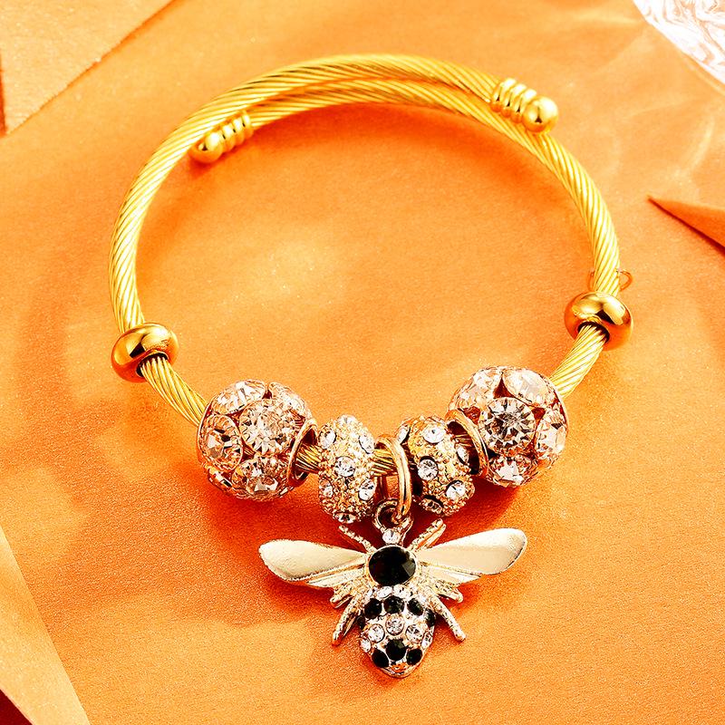 Titanstahl-Goldarmband, verstellbar, Biene, glänzender Diamant, Kugel, Geschenk für Freundinnen und Liebhaber