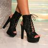 Women's Sandals Sexy Hollow Lace Lace-up Peep Toe Platform Heels Short Boots Summer Fashion Chunky High Heel Sandals Large Size