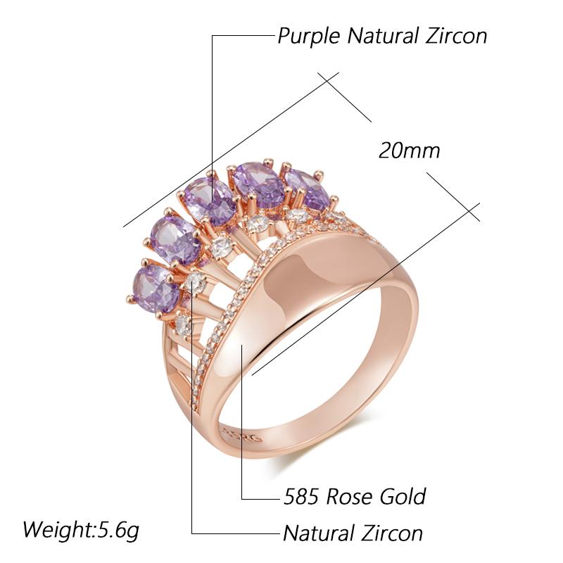 Shiny Purple Natural Zircon Big Rings For Women Fashion Rose Gold Color Crystal Flower Vintage Wedding Jewelry