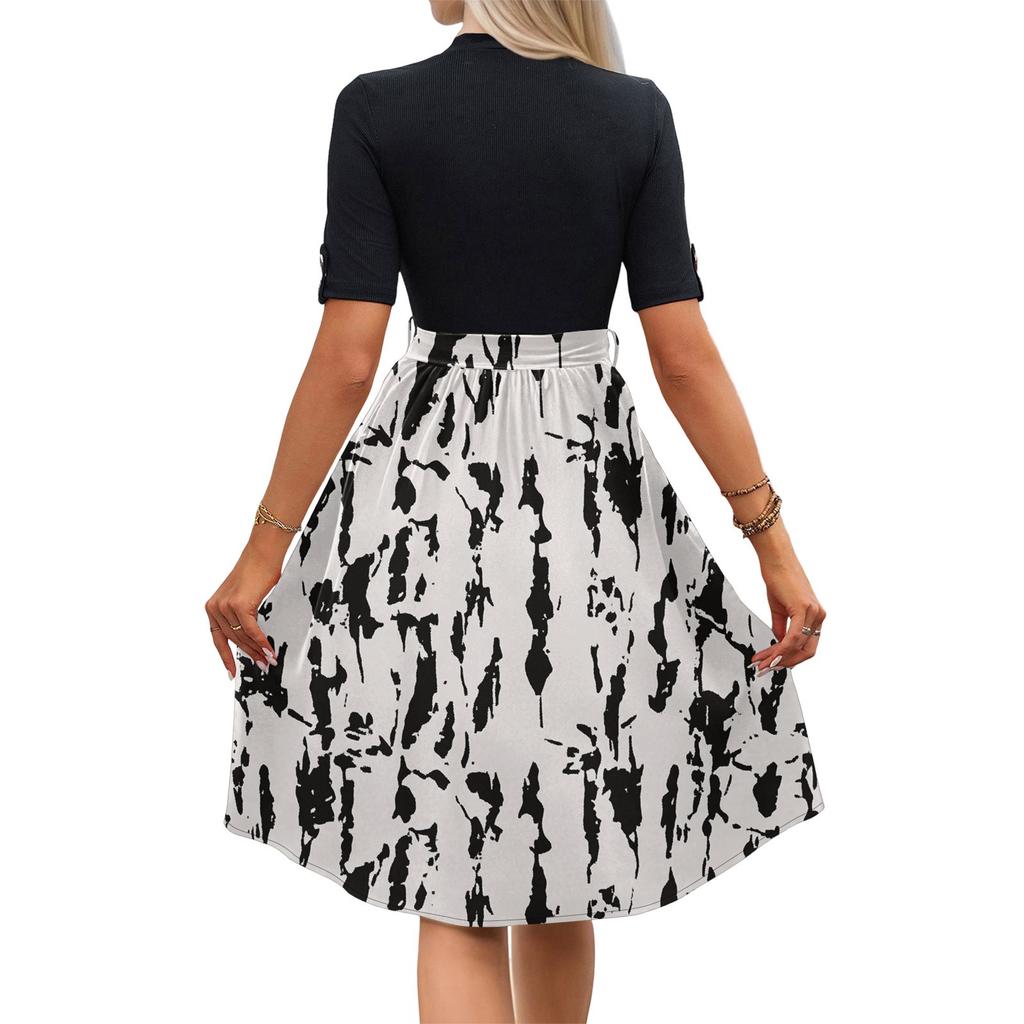 Women's Fashion Casual Belt Short Sleeve Round Neck Floral Elegant Temperament Dress
