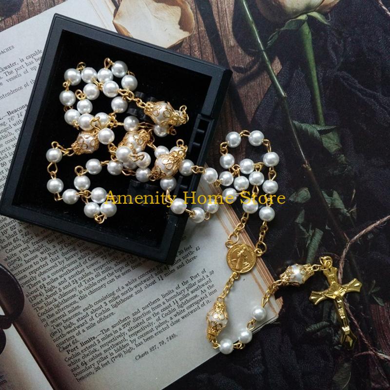 F26C Vintage Pearl Beads Rosary Necklace Jesus Christ Crucifix for Cross Pendant Neck
