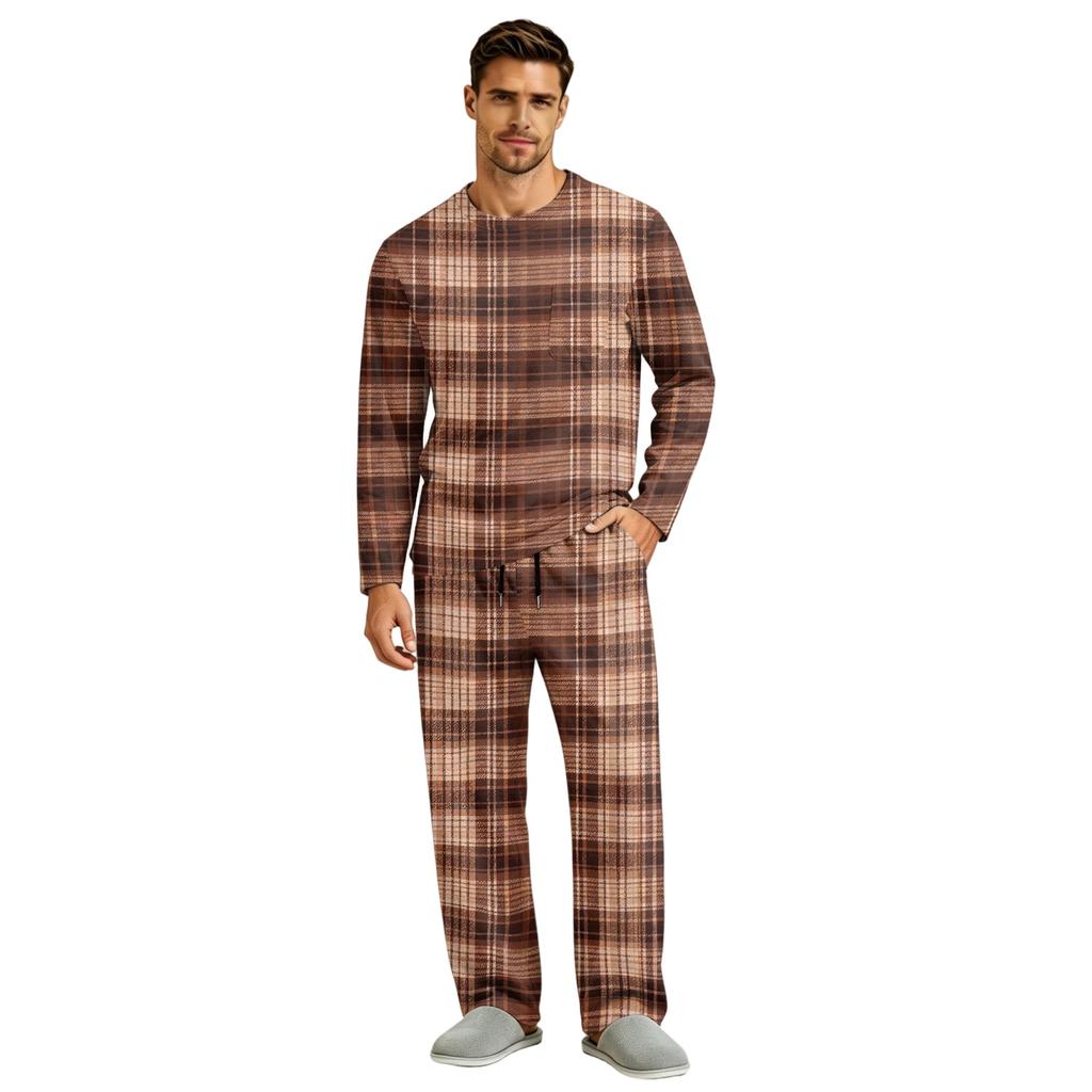 Men's Long Sleeve Pajama Set with Button Crotch and Elastic Drawstring Waist for Home Comfort