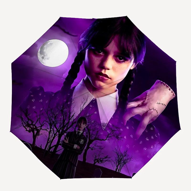 

1pc Wednesday Addams Gothic Horror Automatic Folding Umbrella - Compact 8-Rib Design, Durable Plastic & Iron, 014