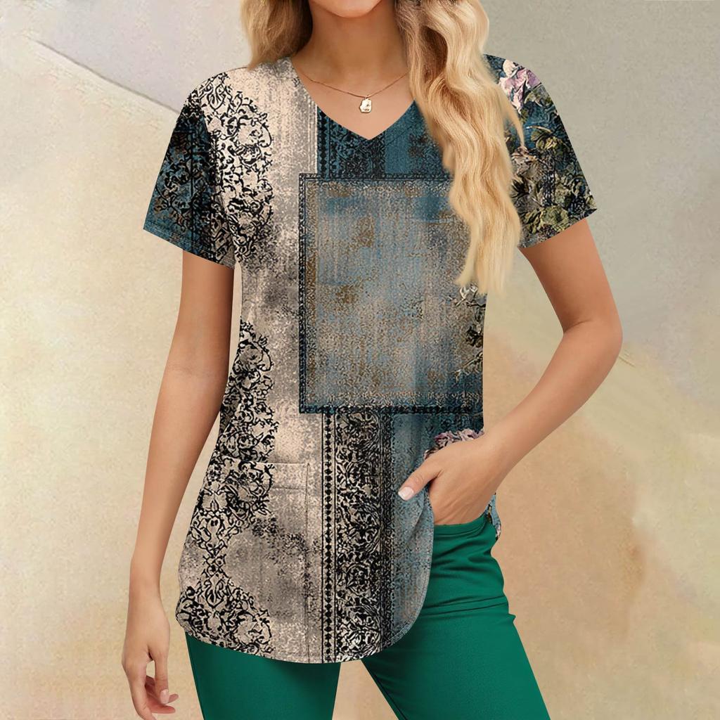 Plus Size Printed Scrub Working Uniform Tops For Women's V-Neck Print Short Sleeve Fun T-Shirts Workwear Tee With Pockets