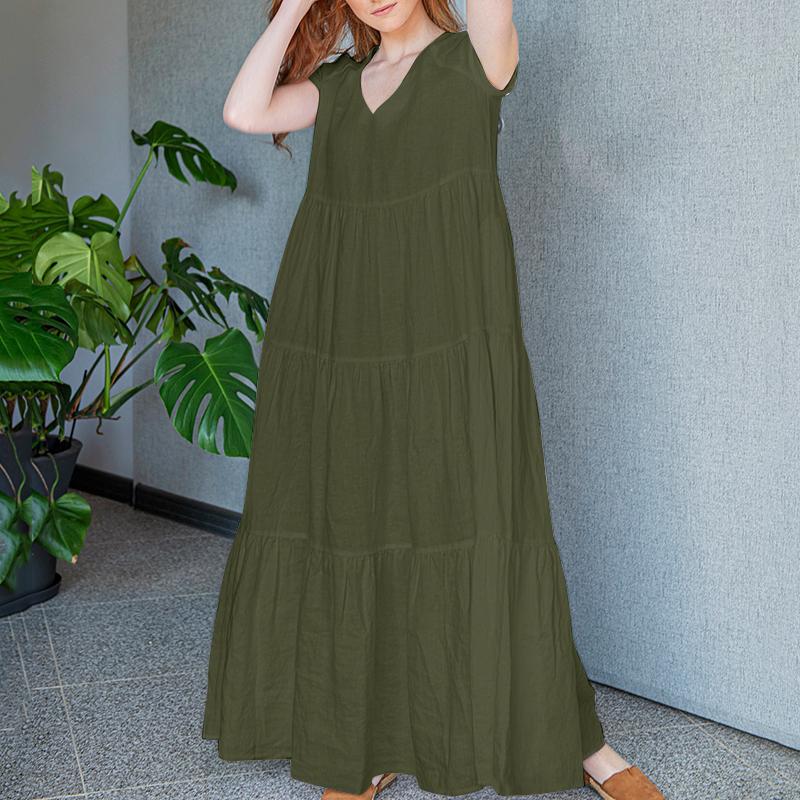 ZANZEA Women Daily Casual Loose V-neck Short Sleeve Long Dress