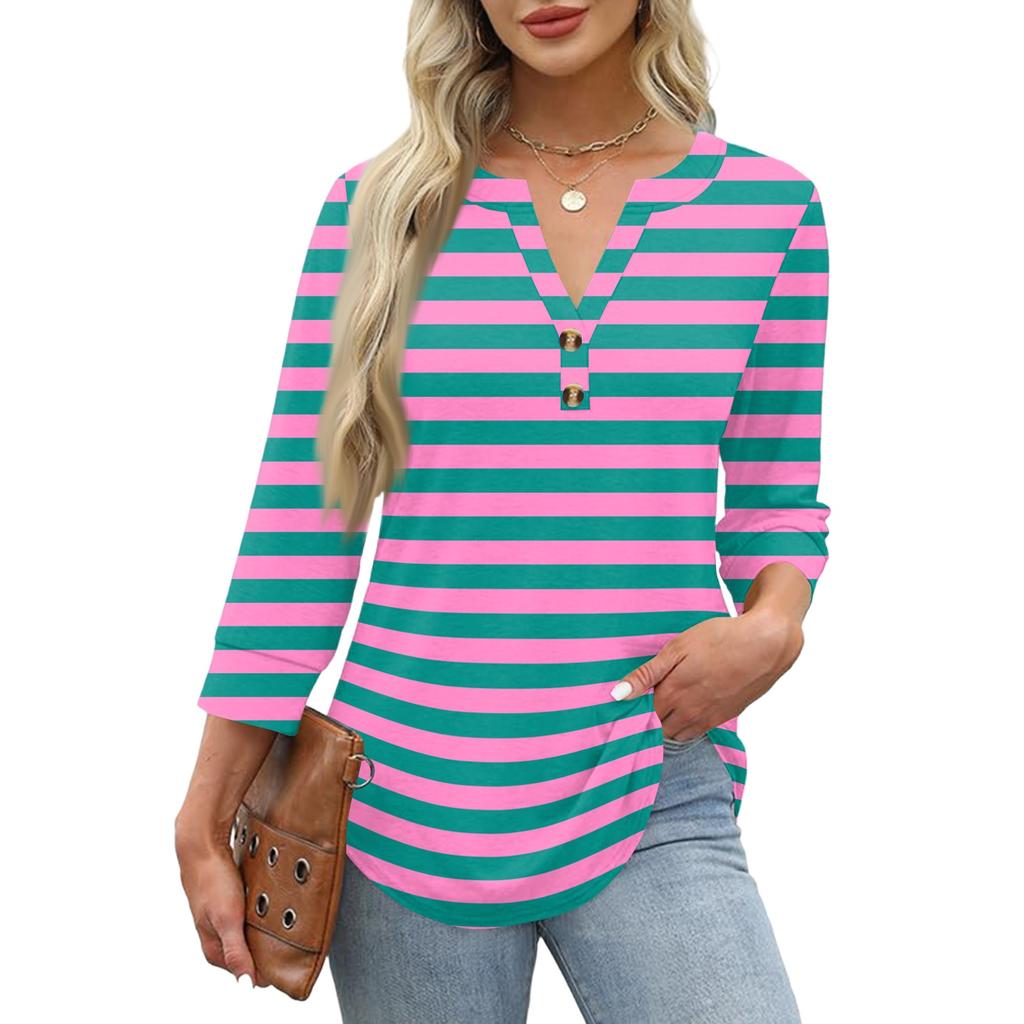 Women's Fashion Striped Print Neck 3/4 Sleeve T-Shirt Top for Everyday Wear