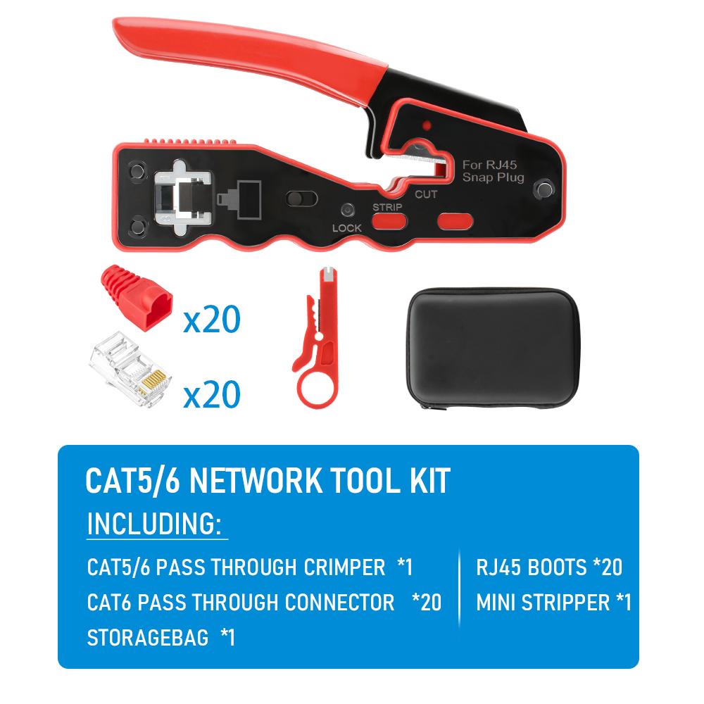 RJ45 Pass Through Crimper, Cat6 8P8C LAN Crimp Tool Kit with Wire Stripper, 10PCS Cat6 Connectors and Strain Relief Boots