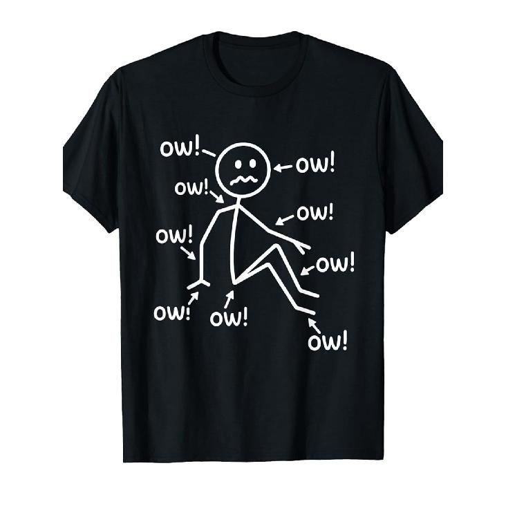 Chronic Pain Awareness T-Shirt with Smiling  Ow  Character & Fibromyalgia Symptoms Design - 100% Soft Comfortable Crew Neck Tee for Men & Women, S чёрный