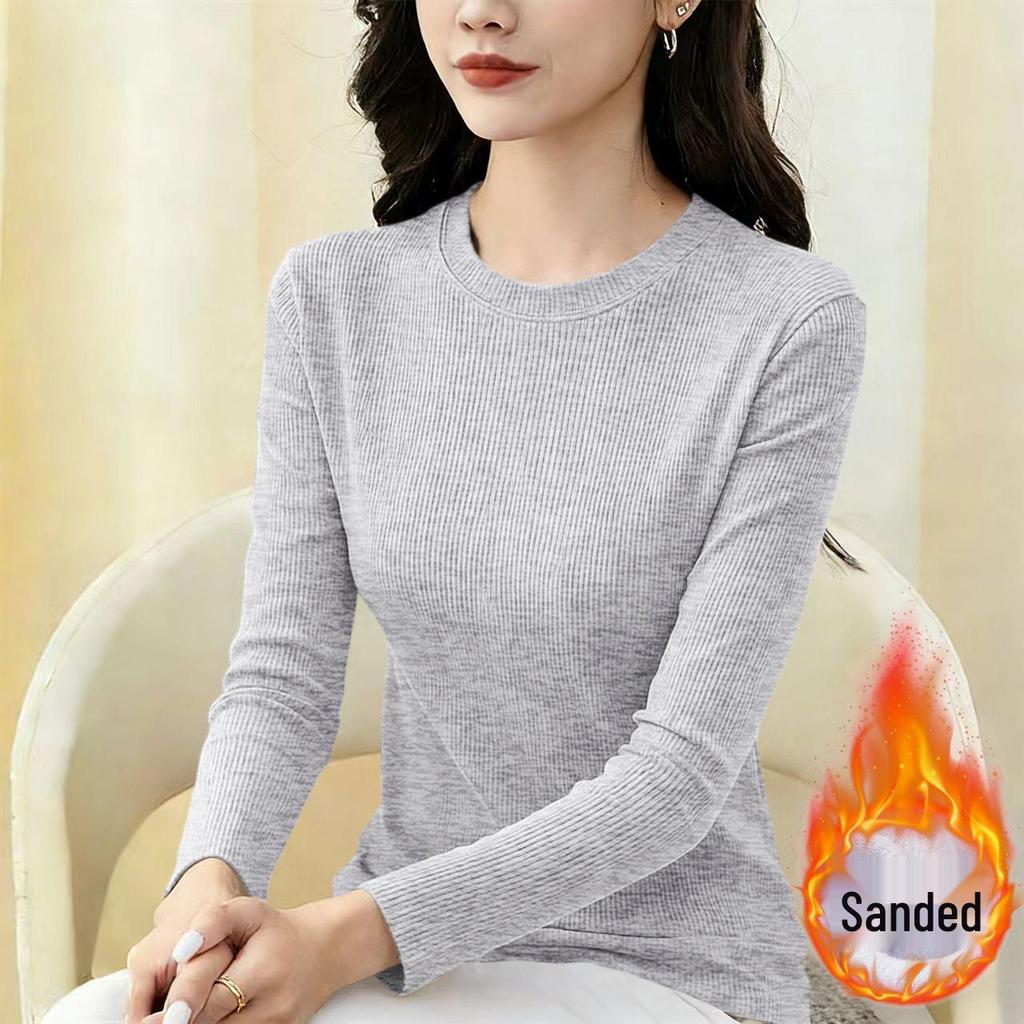 2026 Women's Fleece-Lined Slim Fit T-Shirt: Simple Round Neck Base Layer for Spring, Autumn, Winter