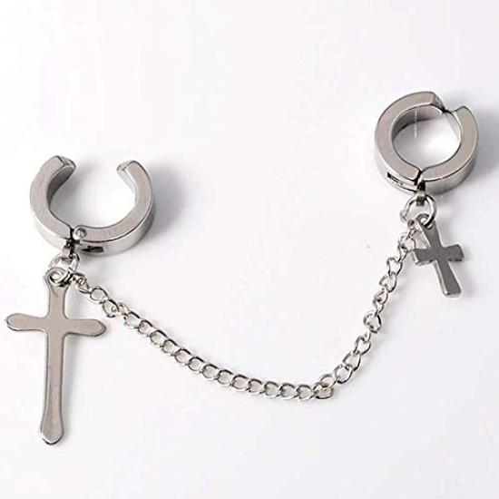 Ohrklemme Silber Kreuz Anhänger Kette Doppelohrringe Ohrringe Edelstahl Fake Helix CF154 ohne Piercing