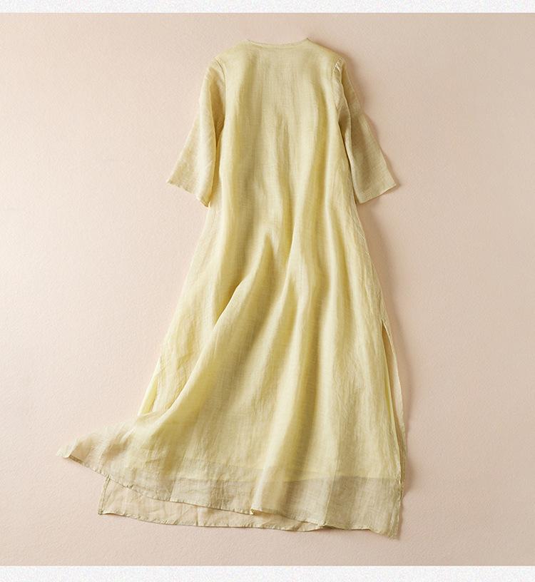 Women's Fairy Embroidered Ramie Dress - Round Neck, Pullover, 5-Point Sleeves, Long Summer Style
