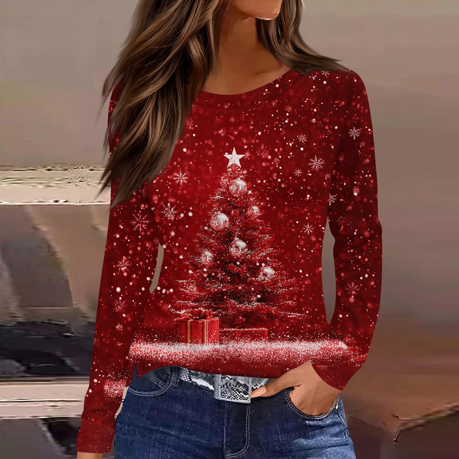 

Женская модная повседневная футболка с разрезом по низу, круглым вырезом, длинными рукавами, свободного кроя, с рождественским принтом, женский топ L красный