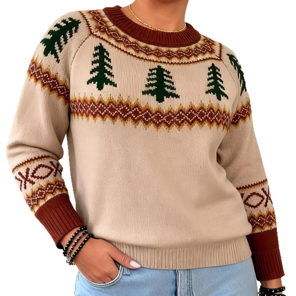 Pullover Sweater, Christmas Tree Jacquard Sweater, Loose Top for Women