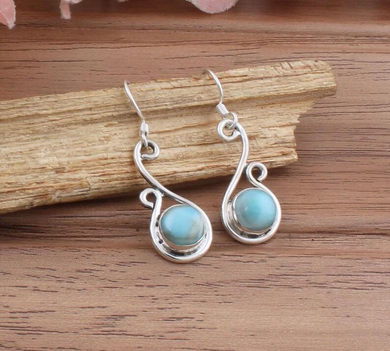 Solid 925 Sterling Silver Natural Larimar Round Cabochon Gemstone Handmade Dangle Drop Earring