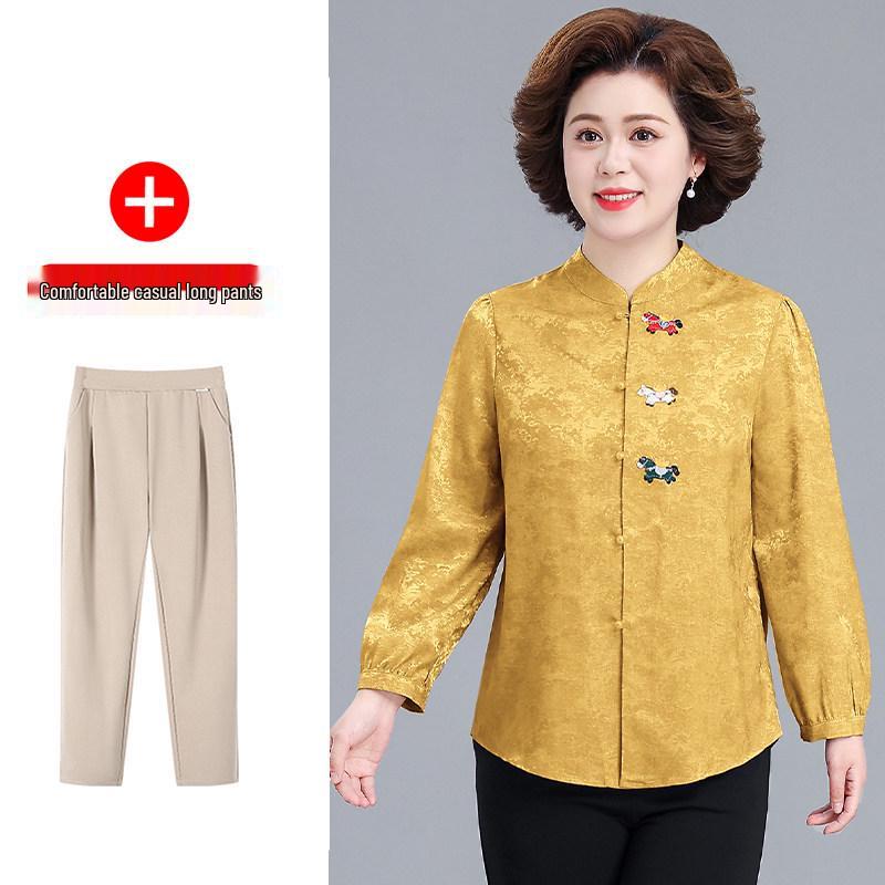Elegant Spring 2026 Wedding Set: Stylish, Long-Sleeved Blouse for Mothers and Mother-in-Laws - Perfect for Middle-aged and Elderly Women