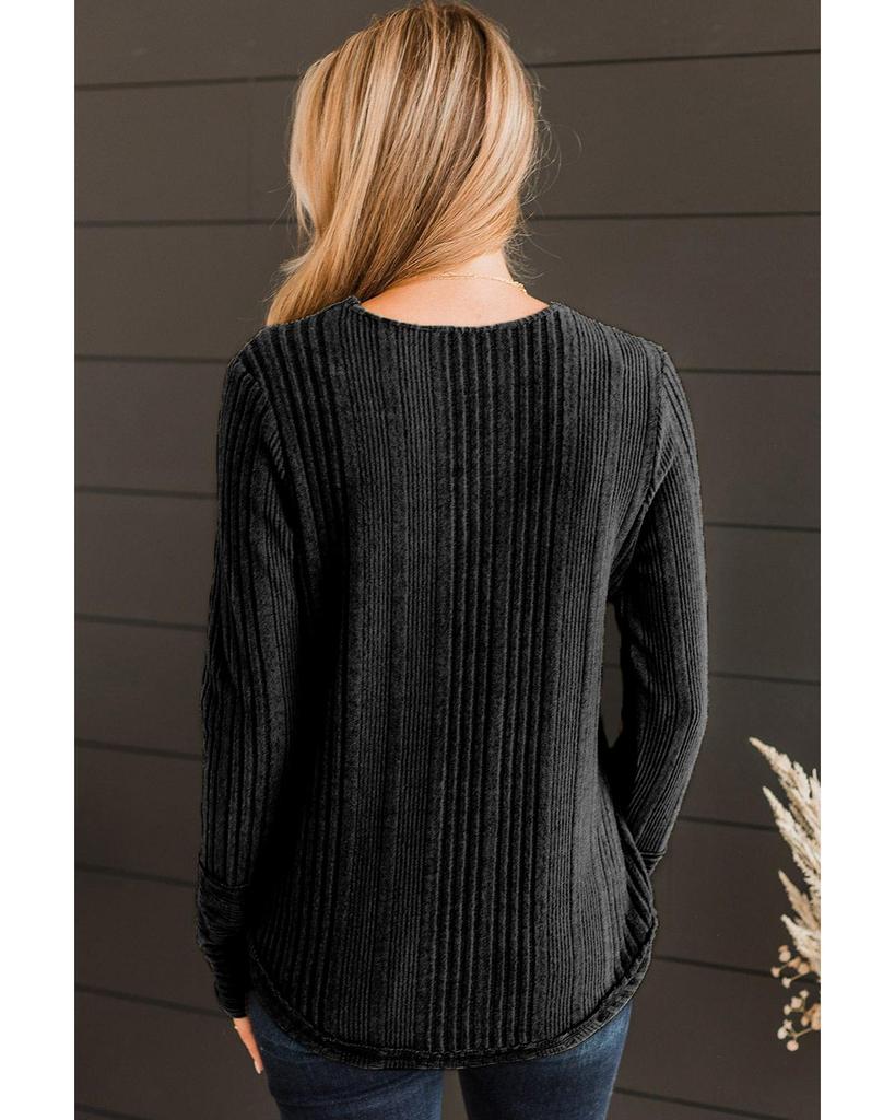 Azura Exchange Black V Neck Buttoned Ribbed Knit Top