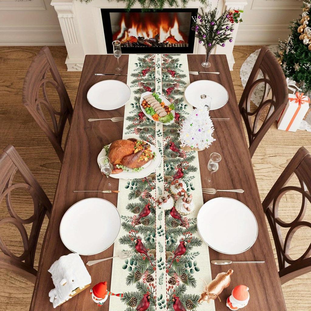 Christmas Pine Needle Cardinals Linen Table Runner Party Decor Winter Holiday Kitchen Dining Table Runner Christmas Decorations