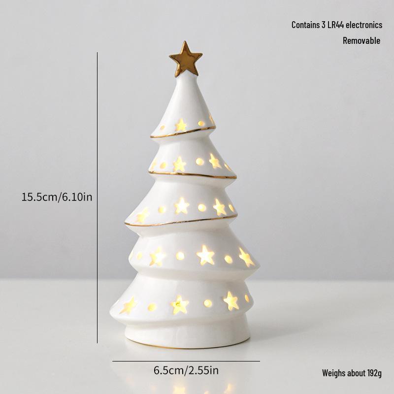 Ceramic Christmas Tree Night Light with Gold-Edged Hollow Stars & Snowflakes - Home Festival Decoration